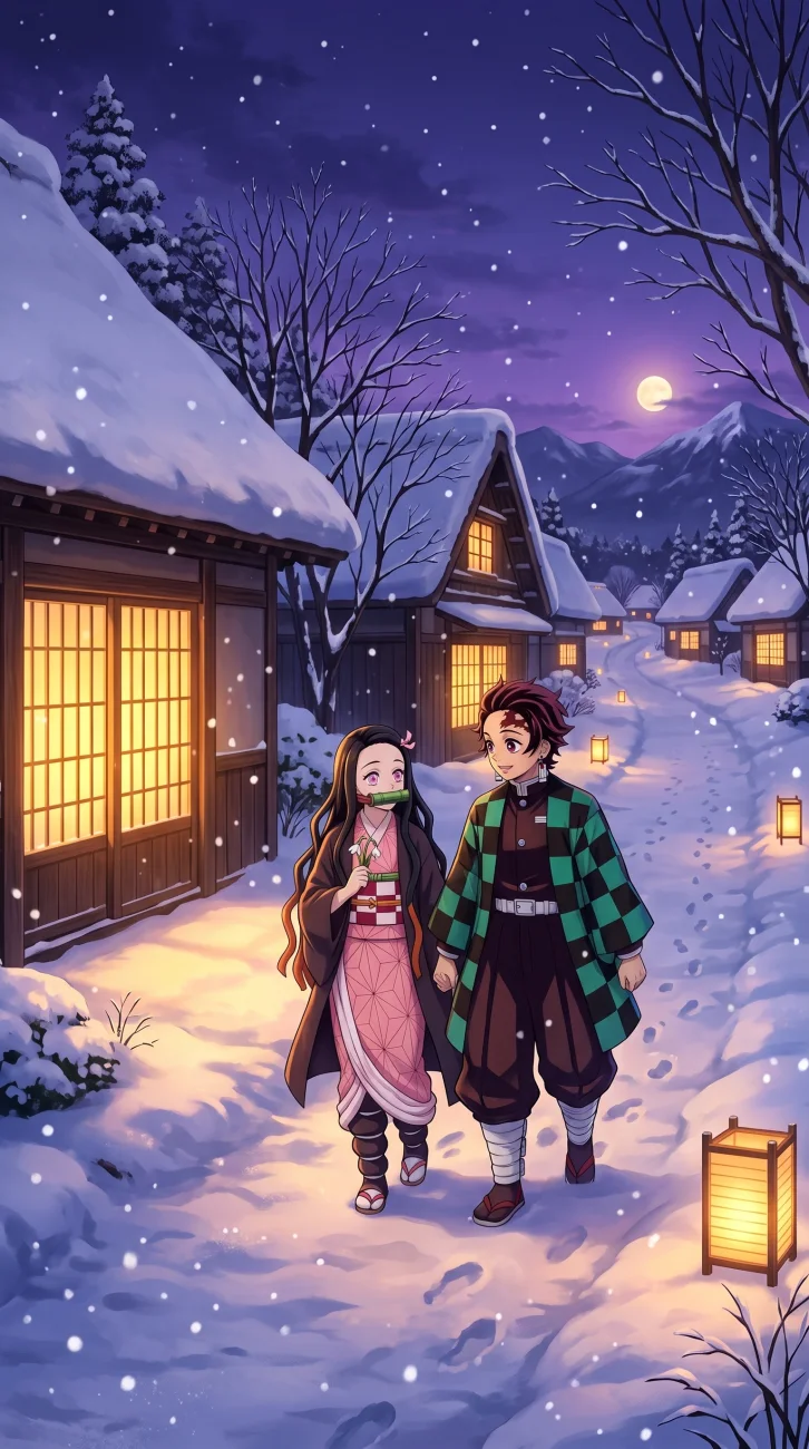 Tanjiro and Nezuko Kamado from Demon Slayer walking together on a snowy path in a traditional Japanese village illuminated by warm lanterns at night.