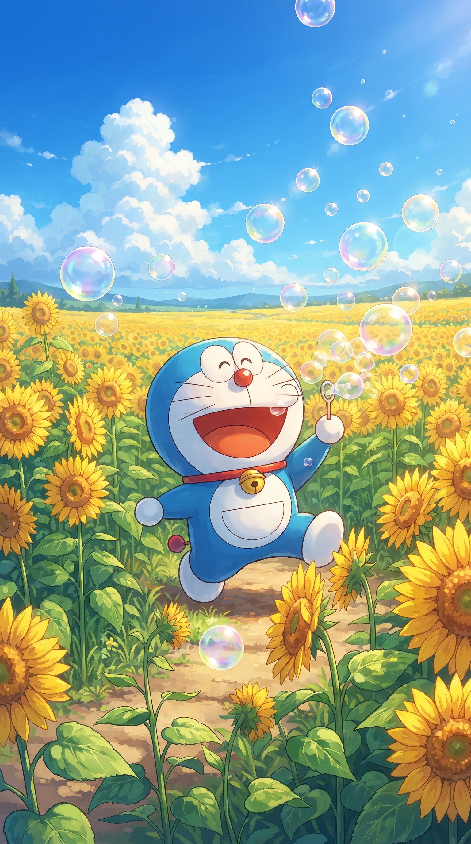 Doraemon smiling happily with his iconic red collar and bell against a bright blue background