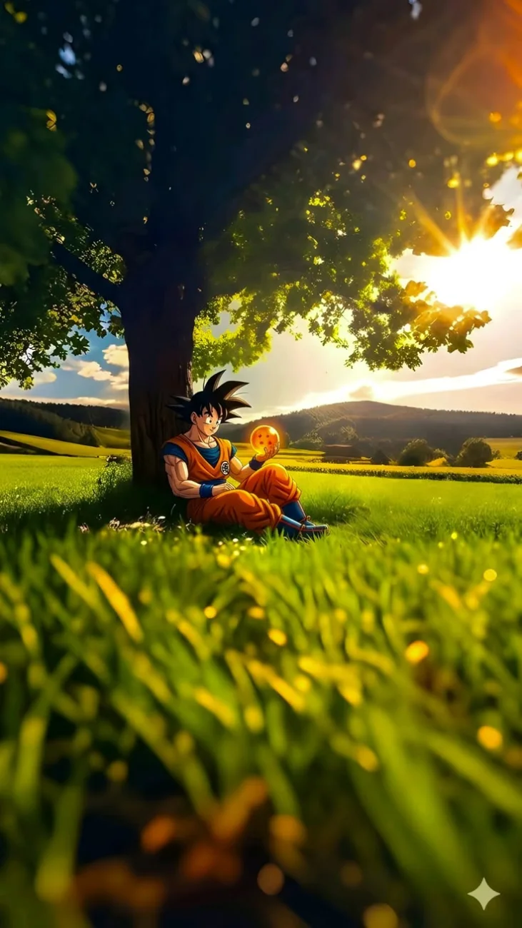 Adult Goku sitting under a large tree in a bright green grassy field, looking at a glowing orange Dragon Ball in his hand with golden sunlight beaming from behind the leaves.