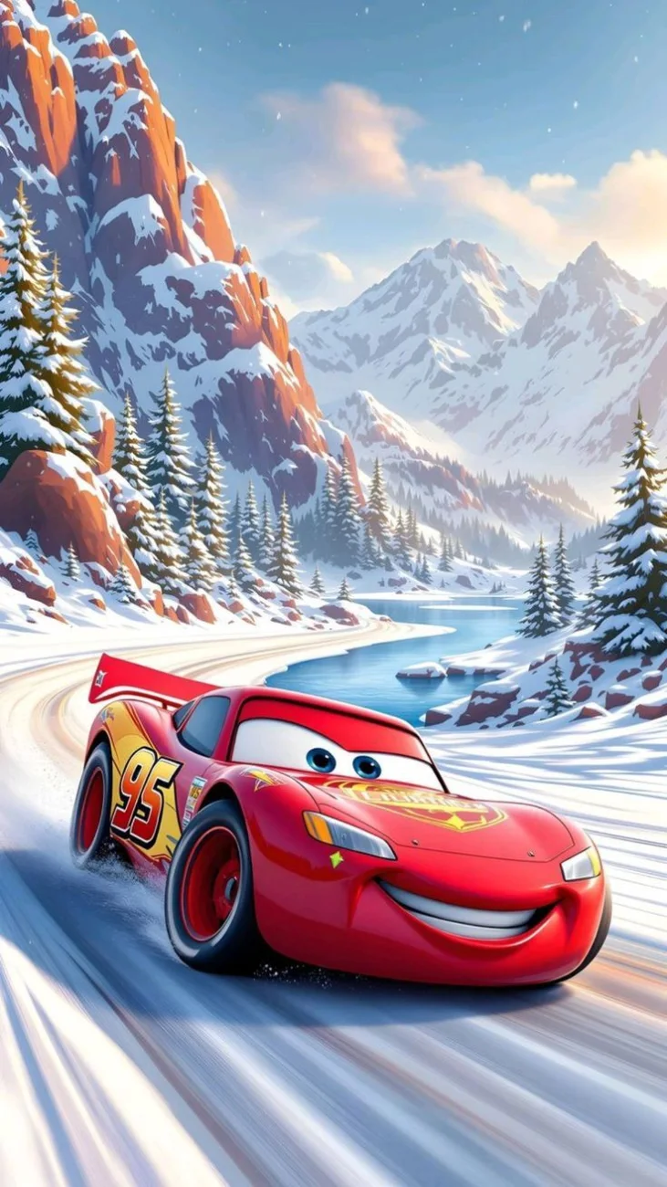 Lightning McQueen from Cars driving on a winding snowy road bordered by pine trees, with large snow-capped mountains in the background.