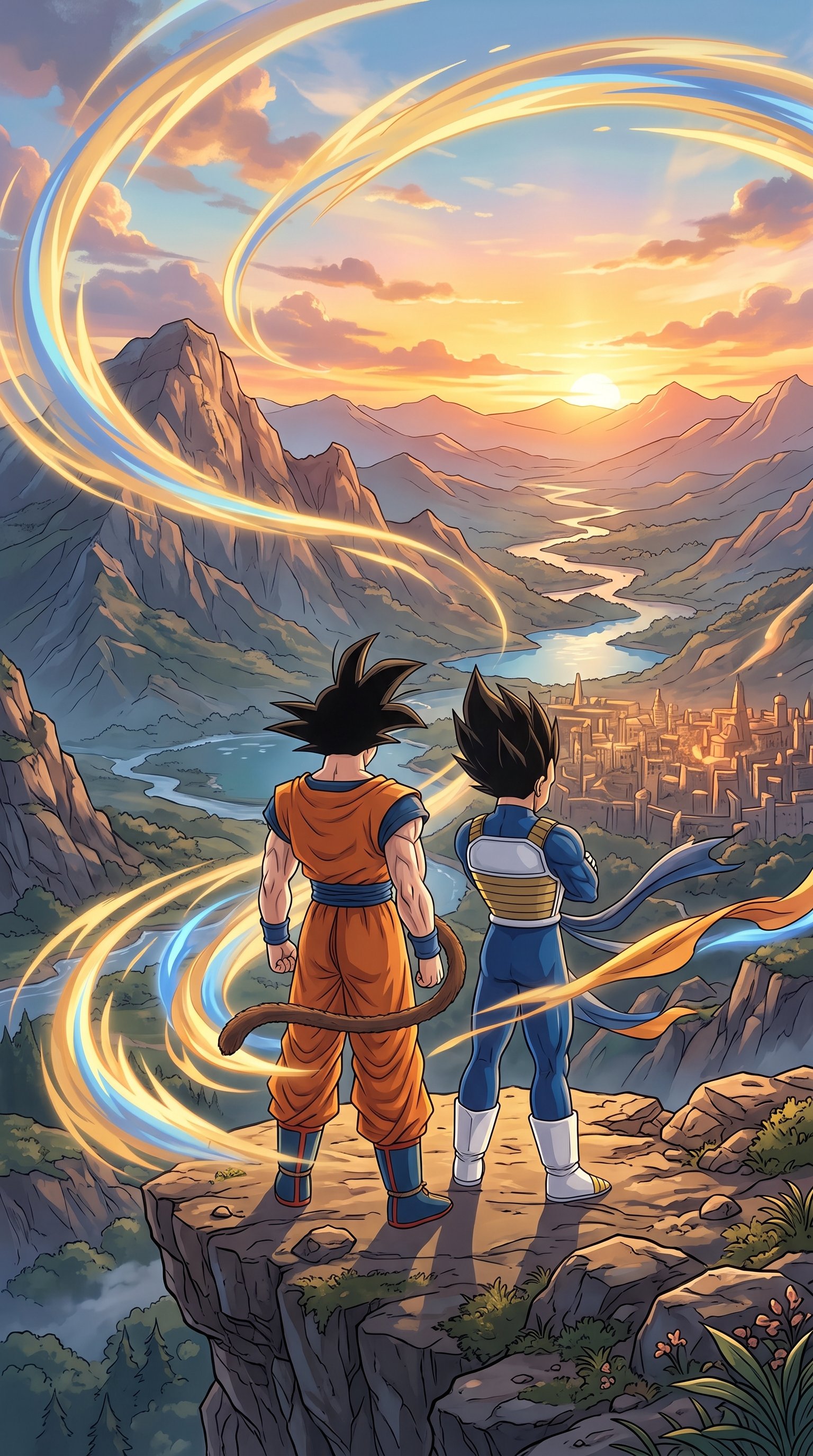 Back view of Goku and Vegeta standing on a rocky cliff, looking out over a winding river, mountains, and a distant city under a beautiful golden sunset.