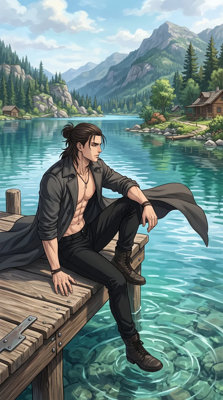 A muscular Eren Yeager from Attack on Titan sitting on a wooden dock looking out over the water.