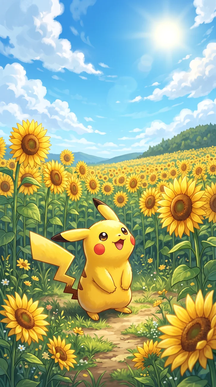 A smiling Pikachu standing on a dirt path in the middle of a bright yellow sunflower field under a sunny blue sky with fluffy clouds.