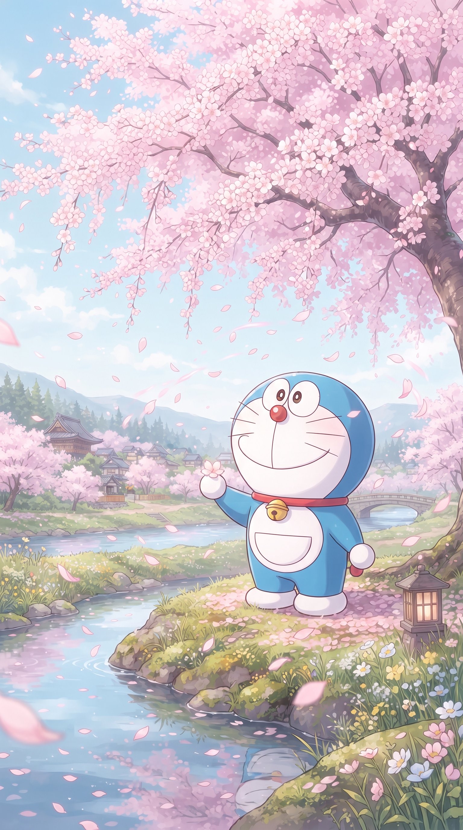 Doraemon standing under a blooming cherry blossom tree with falling pink sakura petals