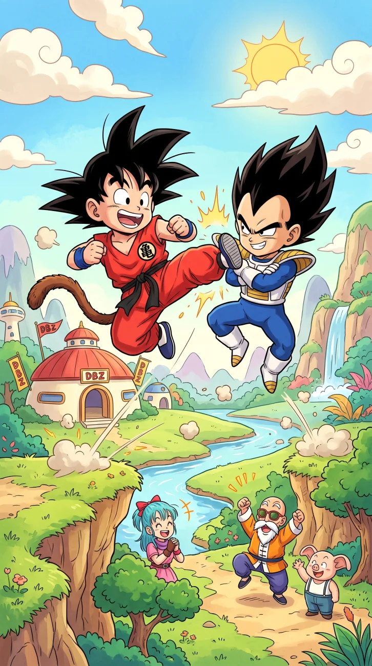 Kid Goku and Kid Vegeta playfully fighting in mid-air above a bright, colorful landscape, while Bulma, Master Roshi, and Oolong cheer from the ground below.
