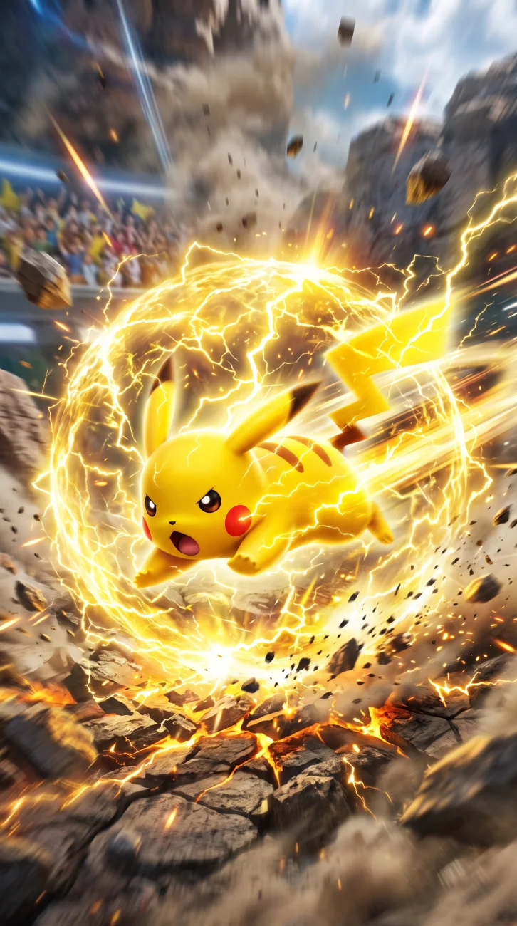 Pikachu surrounded by a glowing spherical aura of yellow electricity, dashing forward at high speed and kicking up rocks in an arena.
