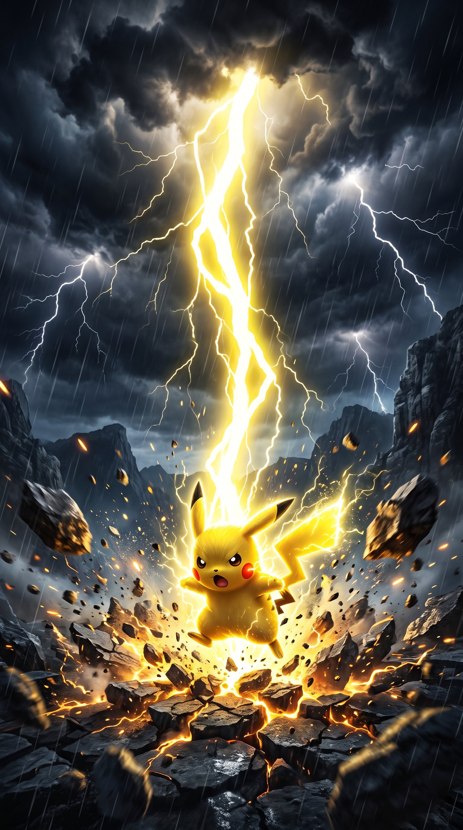 Pikachu standing on shattered earth, summoning a massive bolt of bright yellow lightning from a dark, stormy sky.