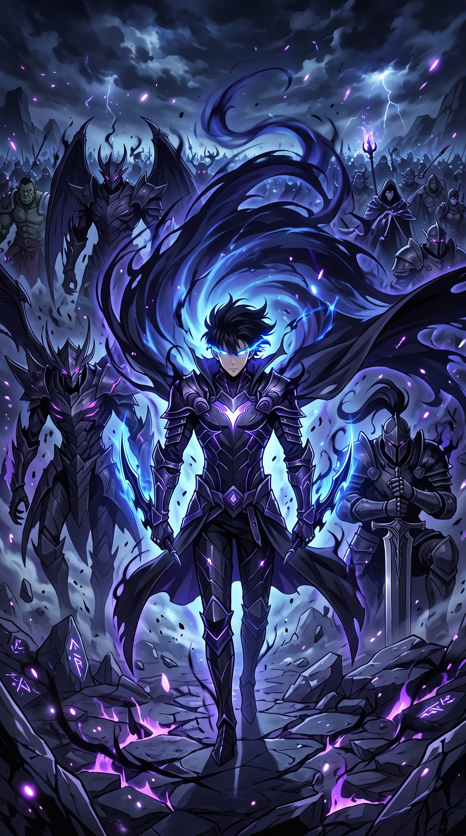 Sung Jinwoo from Solo Leveling standing in dark armor, glowing with bright blue and purple aura, surrounded by his fearsome shadow army in a dark, stormy landscape.