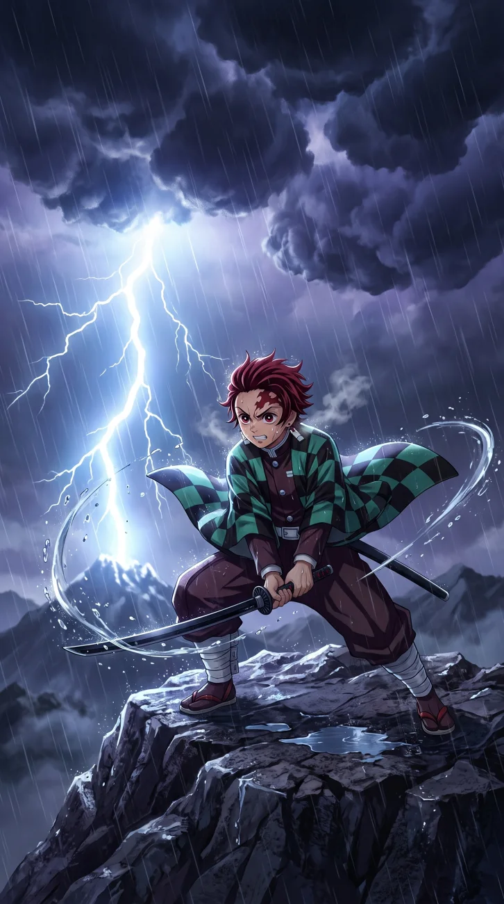 Tanjiro Kamado wielding his katana with water breathing effects on a rocky cliff amidst a dark lightning storm.
