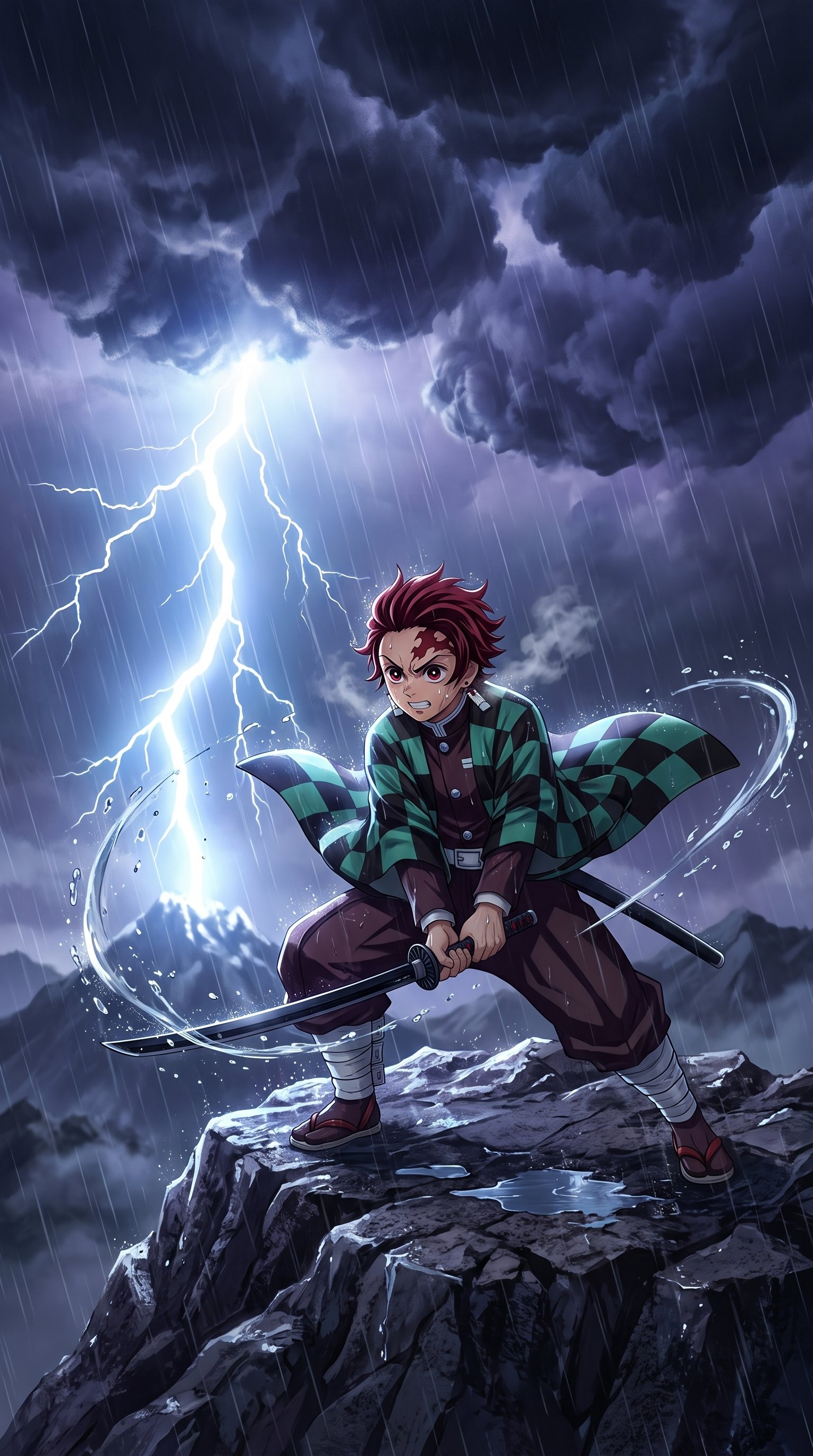 Tanjiro Kamado wielding his katana with water breathing effects on a rocky cliff amidst a dark lightning storm.