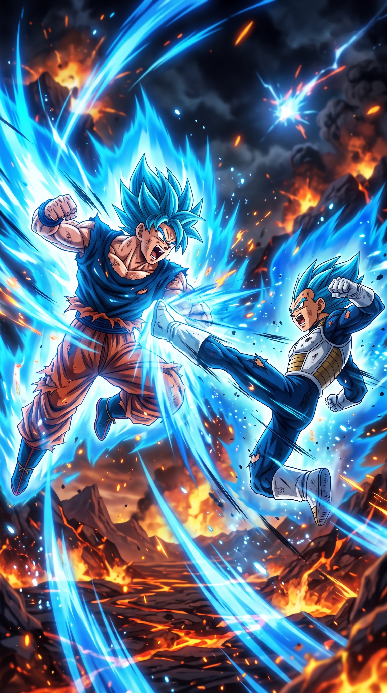 Goku and Vegeta in Super Saiyan Blue forms clashing in mid-air during an intense battle with a fiery, volcanic background.