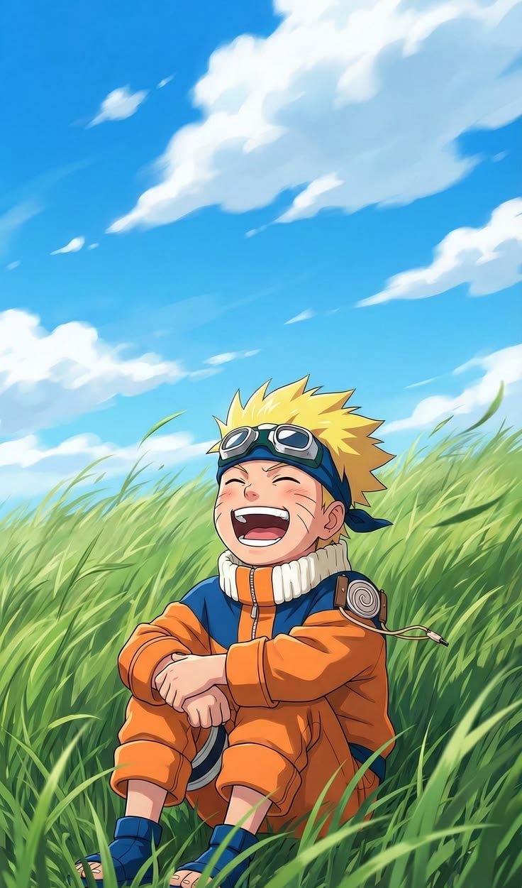 Young Naruto Uzumaki sitting in tall green grass, laughing happily with his eyes closed under a bright blue sky with white clouds.