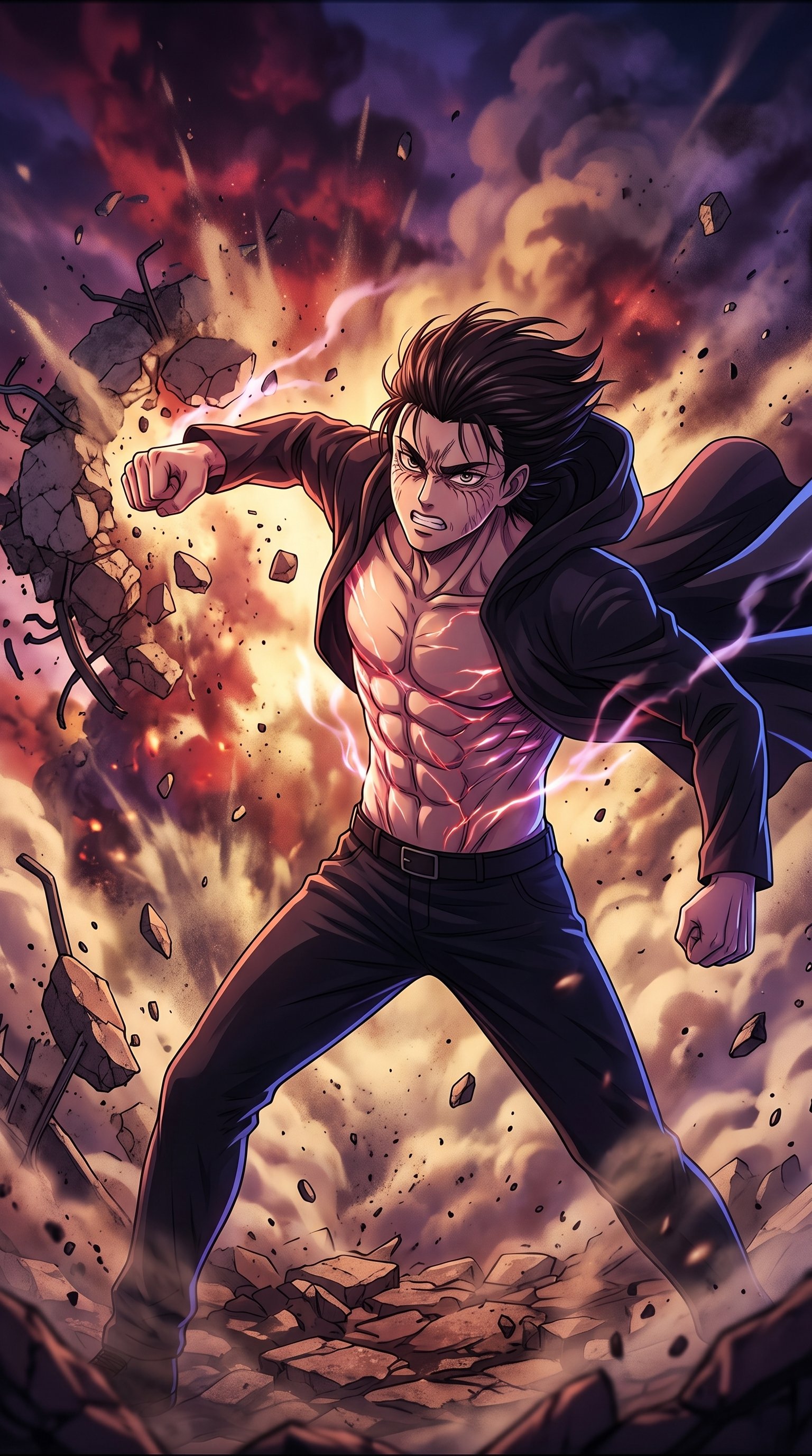 Eren Yeager from Attack on Titan throwing a powerful, dynamic punch in an action-packed battle scene.