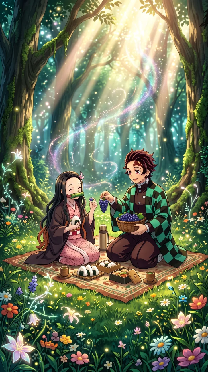 Tanjiro and Nezuko Kamado having a picnic with rice balls and grapes on a blanket in a magical glowing forest.