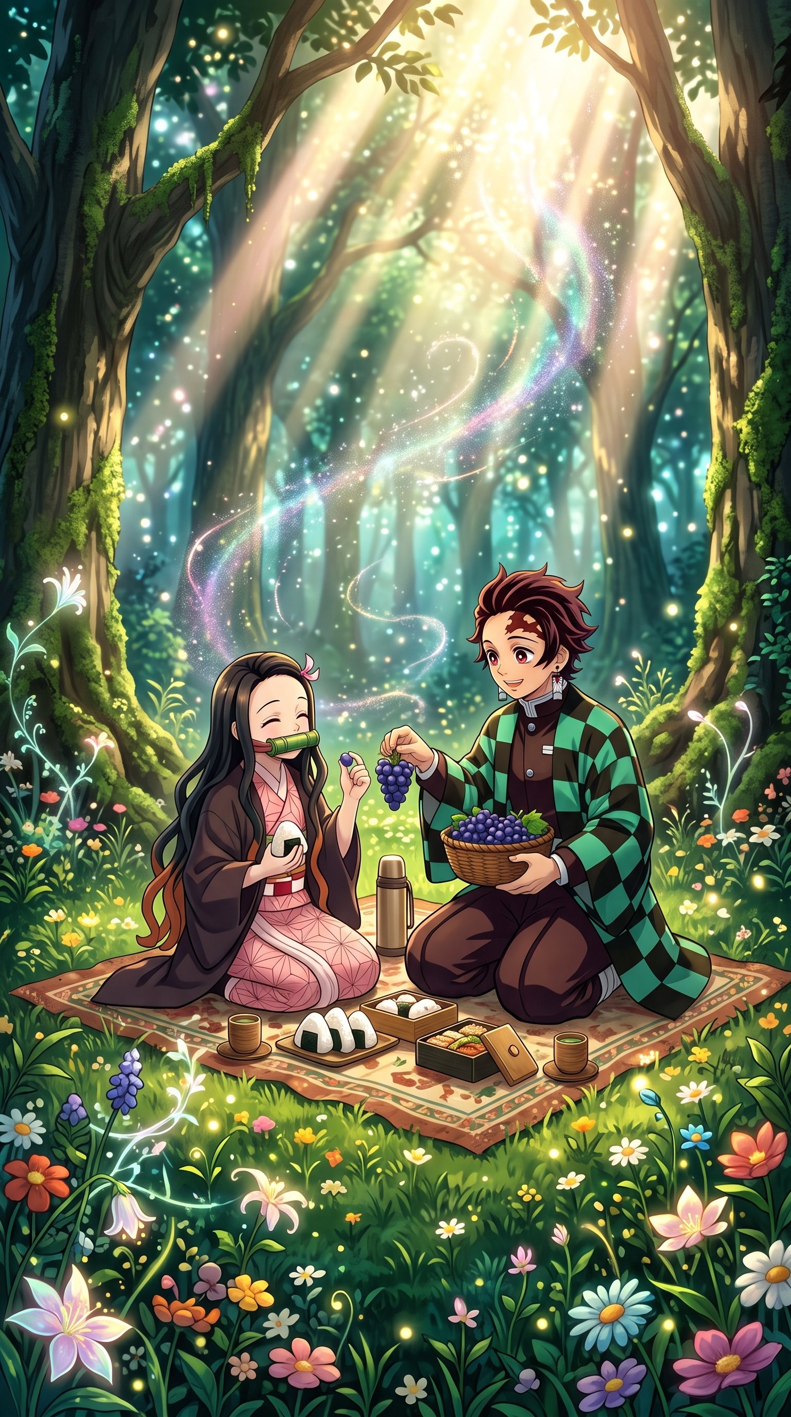 Tanjiro and Nezuko Kamado having a picnic with rice balls and grapes on a blanket in a magical glowing forest.