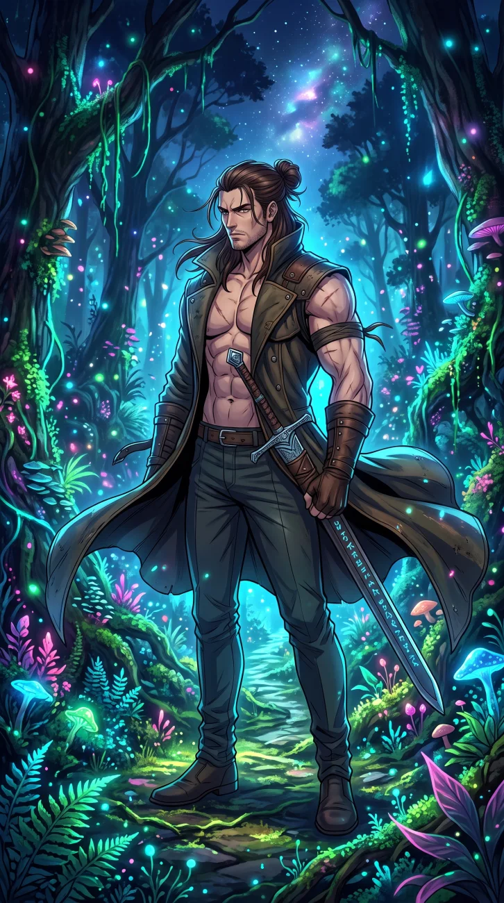 A muscular Eren Yeager from Attack on Titan standing in a lush, atmospheric green forest.