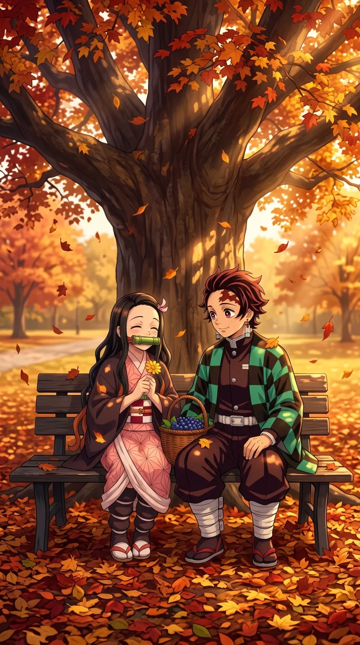 Tanjiro and Nezuko Kamado sitting together on a wooden bench beneath a large autumn tree with falling leaves.