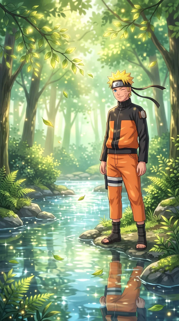 Naruto Uzumaki winking and standing by a sparkling forest stream with sunlight filtering through the green trees in 2K resolution.