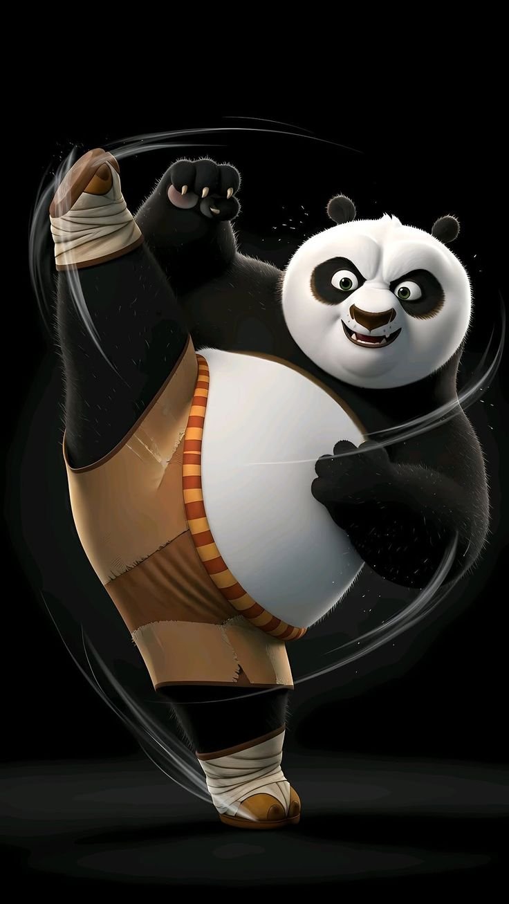 Po from Kung Fu Panda performing a high kick with wind swirl effects on a black background.