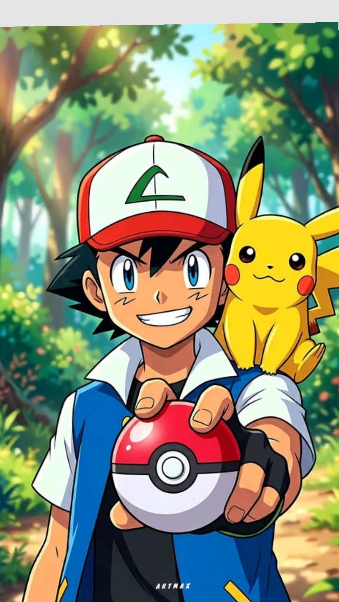 Ash Ketchum holding out a red and white Pokéball toward the viewer, with Pikachu sitting on his left shoulder, standing in a bright, sunny green forest.
