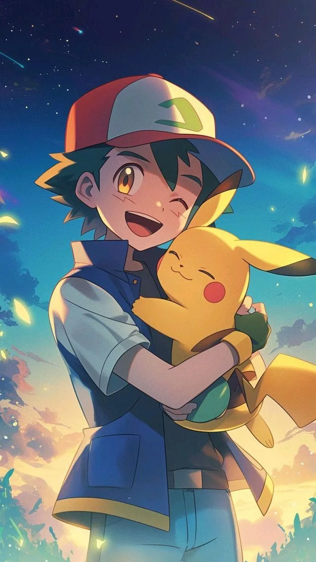 Ash Ketchum smiling and winking while tightly hugging a happy Pikachu, set against a beautiful dusk sky filled with colorful clouds and shooting stars.