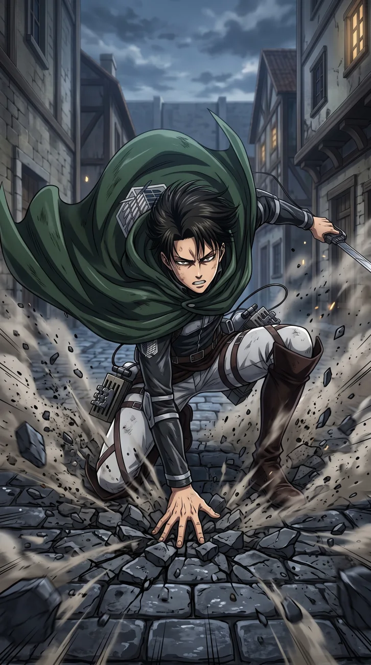 Levi Ackerman from Attack on Titan landing on a cobblestone street, wearing his Survey Corps uniform and equipped with ODM gear.