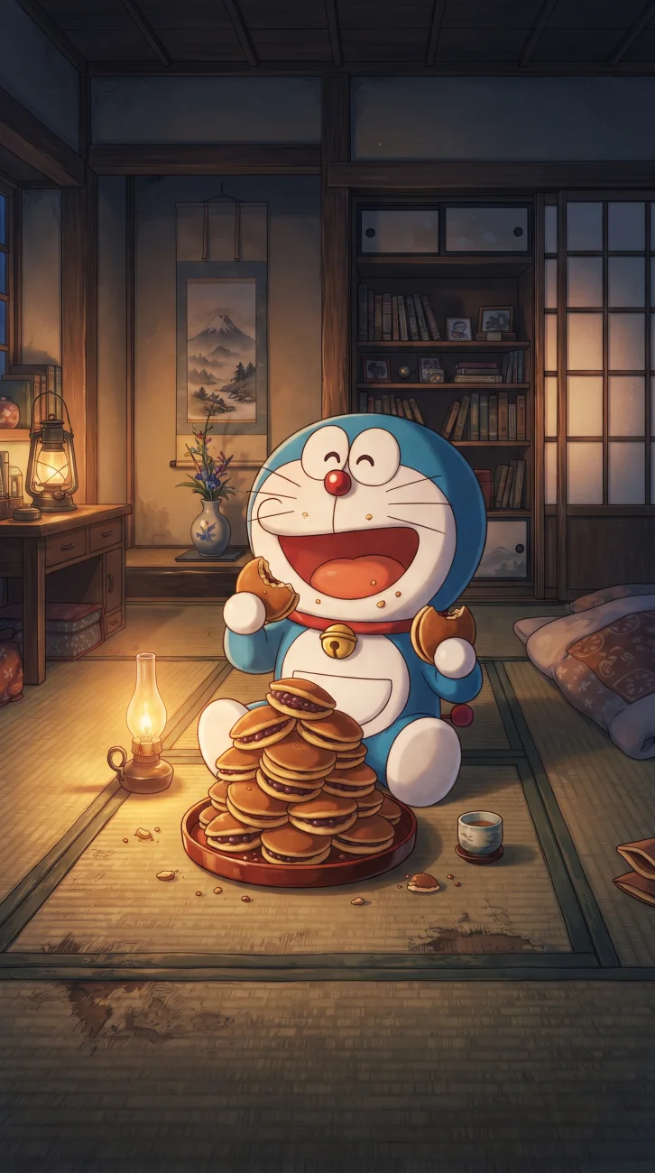 Doraemon happily eating a sweet dorayaki pancake against a bright blue background