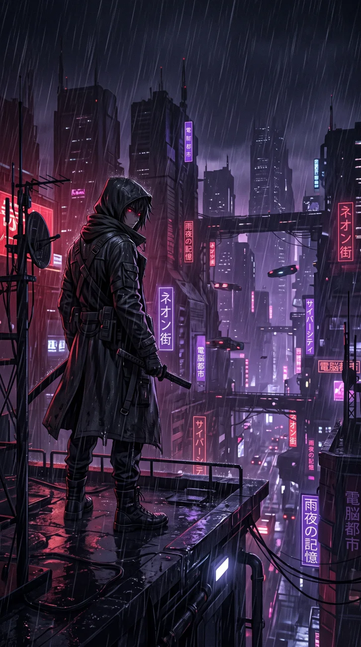 A hooded anime character with a glowing red eye holding a samurai sword, looking over a rainy, neon-lit futuristic city at night.